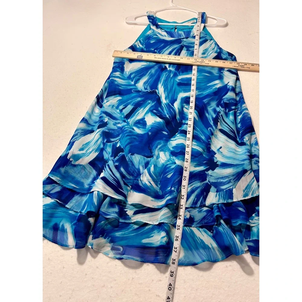 Studio One New York Blue Abstract Print Tiered Ruffle Halter Dress Size 14 - Picture 6 of 8